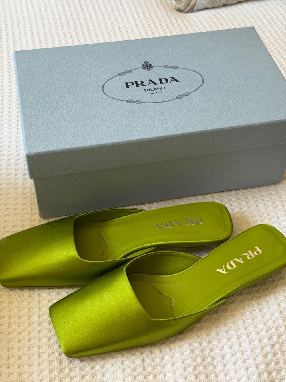 Prada Felce Green Satin Square Toe Mules Heels Size 37 - Picture 8 of 12